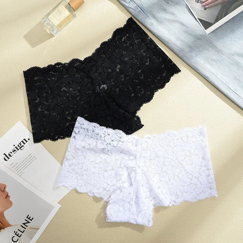 Bow-Trim Lace Boyshort Panty – Low-Rise Breathable Underwear for Women (S–XL, 6 Colors)