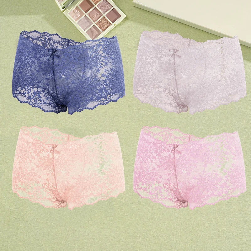 4-Pack Hollow Lace Boyshort Panties – Low-Rise Breathable Underwear for Women (S–2XL, 13 Color Sets)