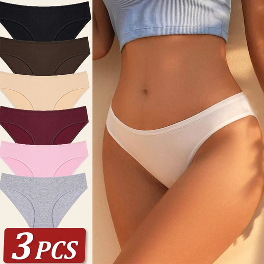 3-Pack Cotton Low-Rise Briefs – Breathable Lace-Trim Underwear for Women (S–XL, 20 Color Sets)