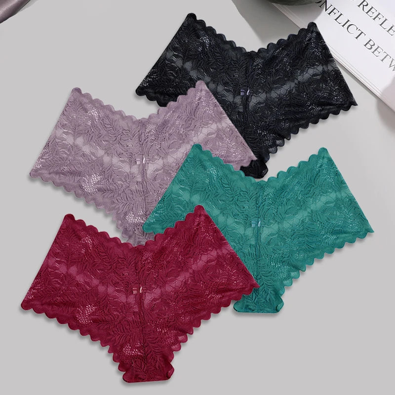 4-Pack All-Over Floral Lace Boyshorts — Hollow-Out Scalloped Low-Rise Panties