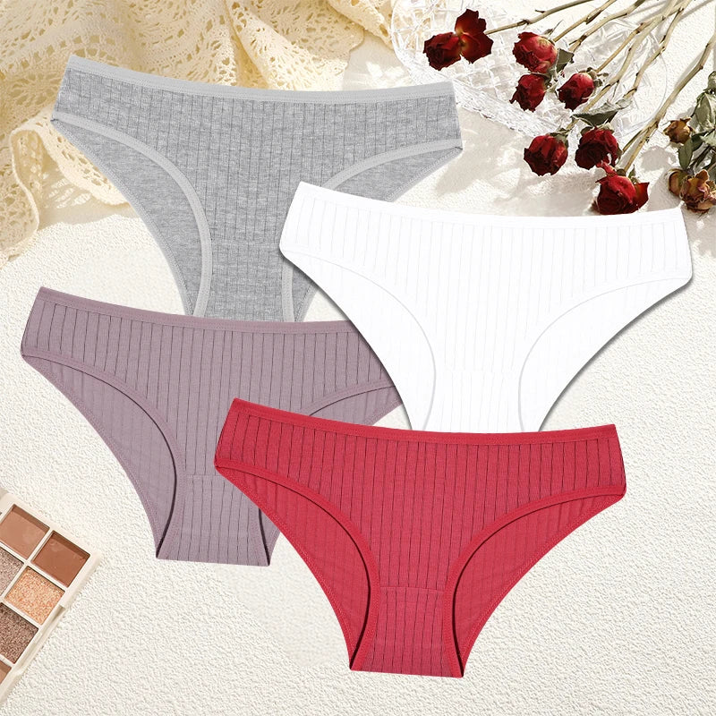 FINETOO 4Pcs Sexy Cotton Panties for Women Underwear Striped Panty Female Soft Lingeries Briefs Pantys Girl Underpant Intimates