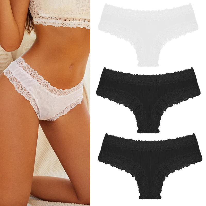 Women's Cotton Lace Briefs – 3-Piece Set | Soft Low-Rise Stretch Underwear (S–XL)