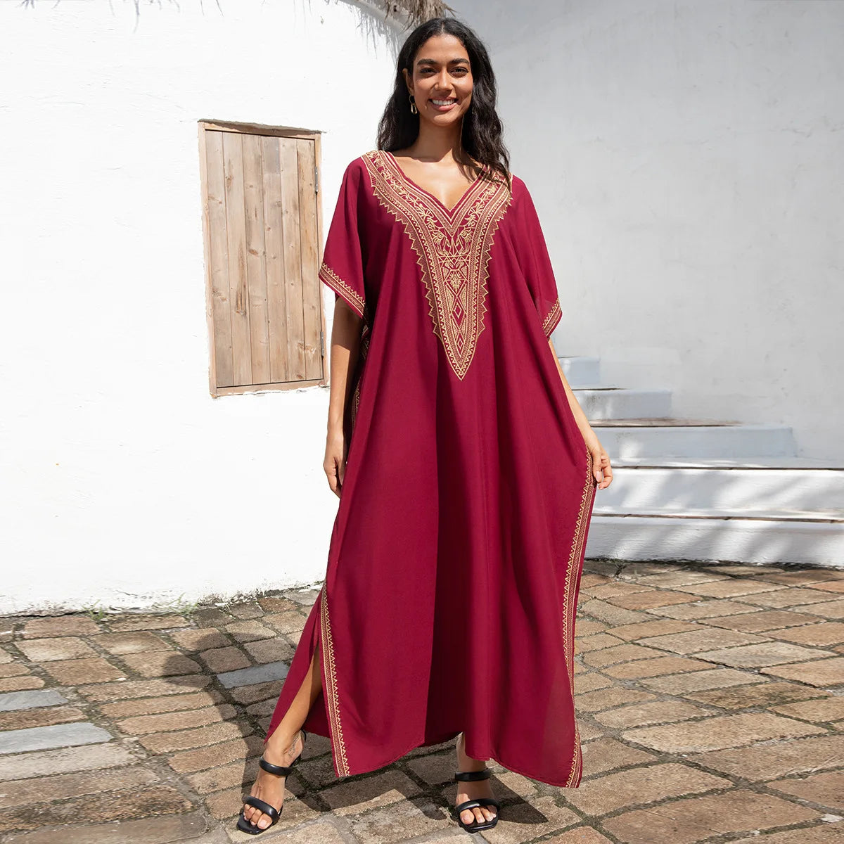 Embroidery Beach Cover-Up Kaftan — Loose V-Neck Long Robe | Women's Swimsuit Cover-Up