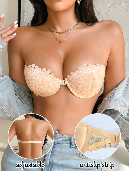 Lace Half-Cup Strapless Push-Up Bra — Front Clasp Non-Slip | Women's Lingerie