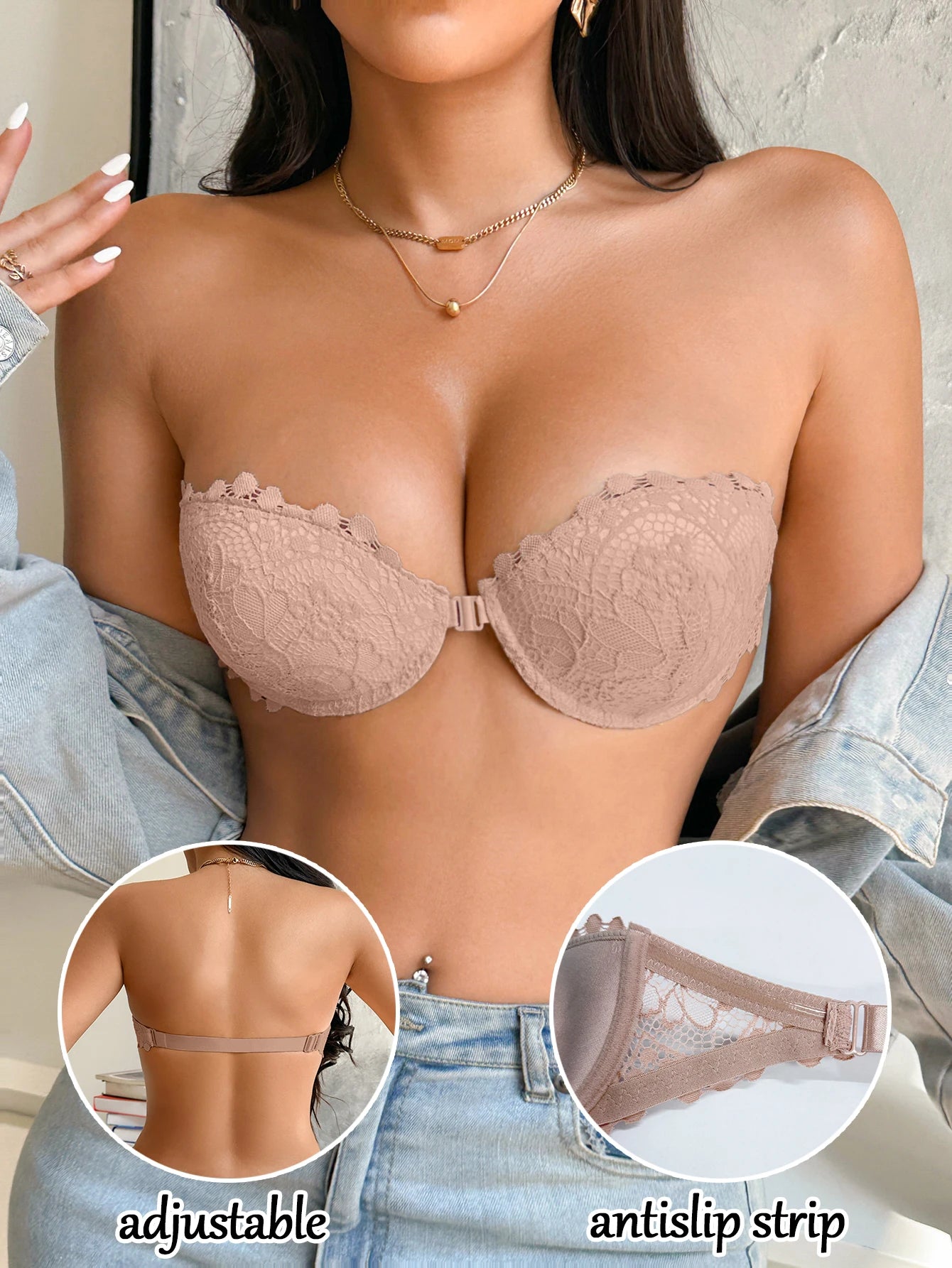 Lace Half-Cup Strapless Push-Up Bra — Front Clasp Non-Slip | Women's Lingerie