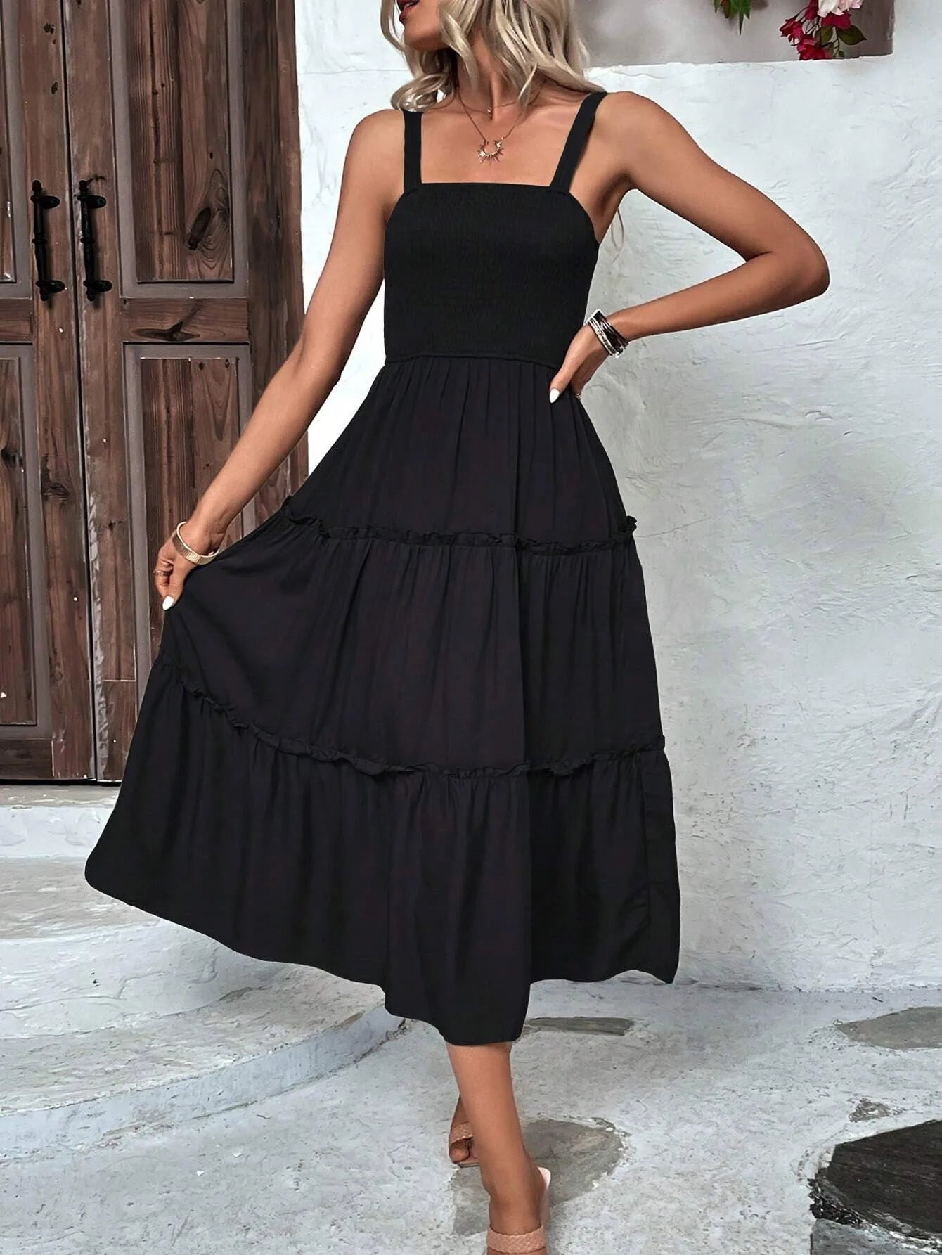 Women's Ruched Bust Ruffle Hem Sleeveless Slip Dress - Summer Sexy Bodycon Tube Strap Dress for Party Beachwear
