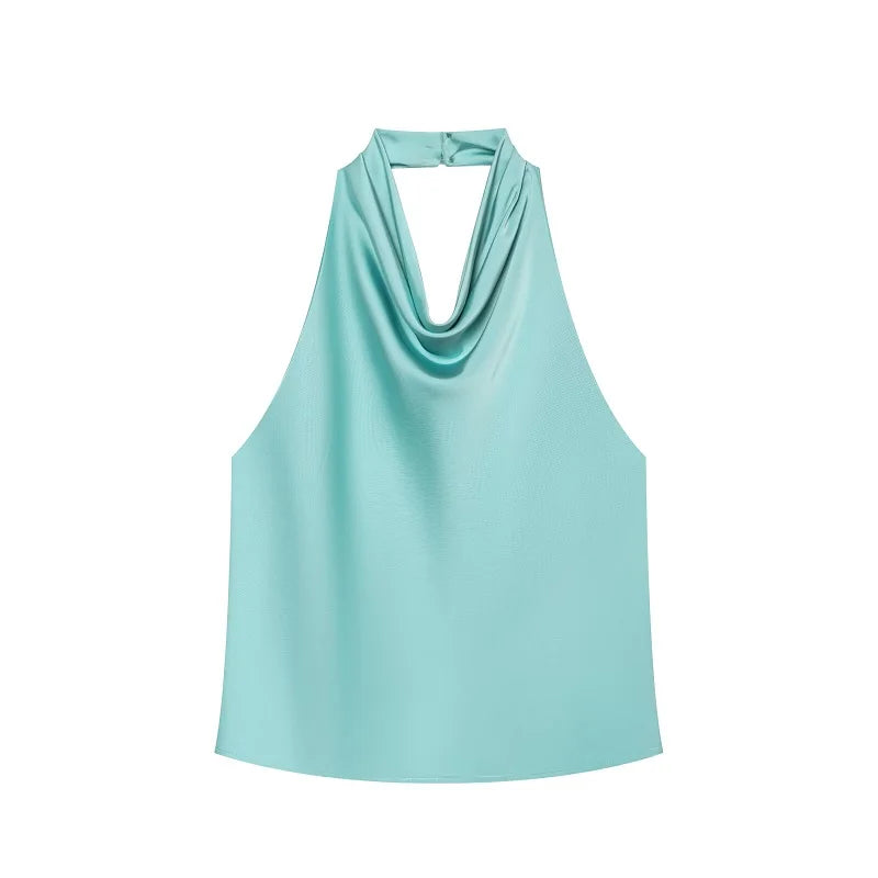 Satin Halter Cowl-Neck Backless Top — Women's Camisole