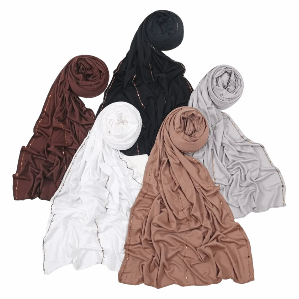 New Breathable Rhinestone Hijab Scarf Soft Glitter Shimmer Edge Headband Turban Solid Color Headscarf For Women