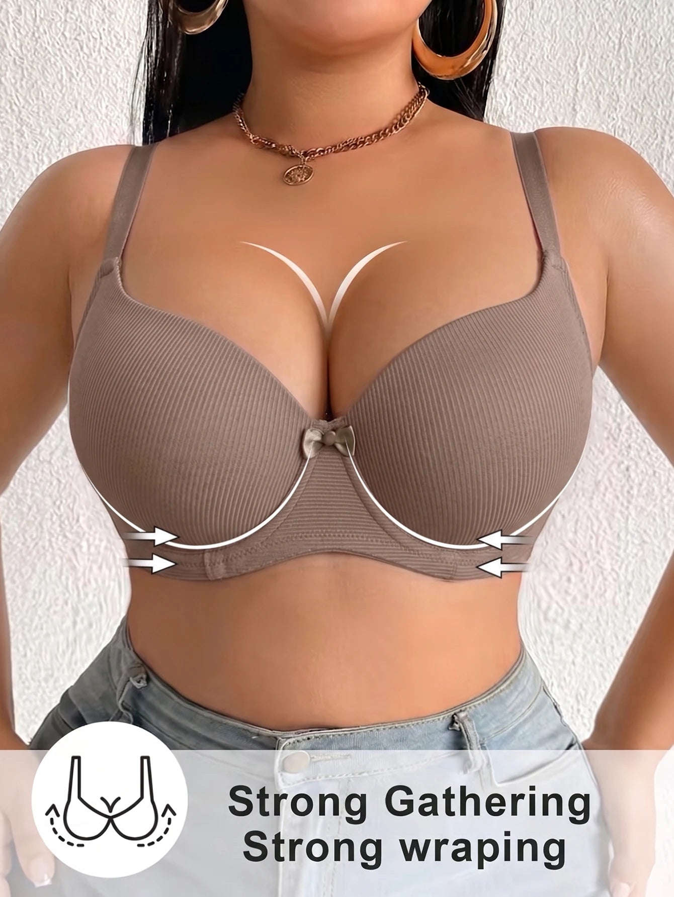 Plus Size Ribbed Push-Up Bra — Wide Strap Underwire Side Gather | Women's Bra