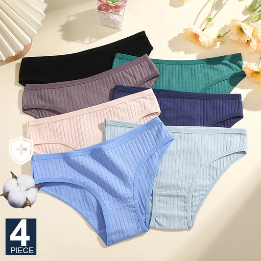 Women's Cotton Briefs – 4-Pack Soft Striped Underwear | Low-Rise Everyday Panties (M–XL)