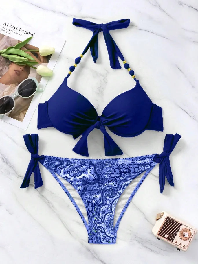 Push-Up Halter Bikini Set — Bow-Tie Top & Printed Side-Tie Bottoms | Women's Swimwear