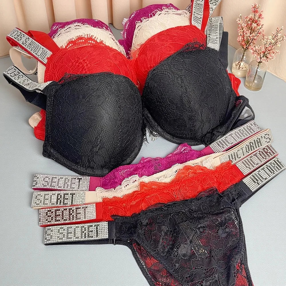 Women's Gathered Lace Push-Up Bra & Panty Set – Padded Shapewear Lingerie