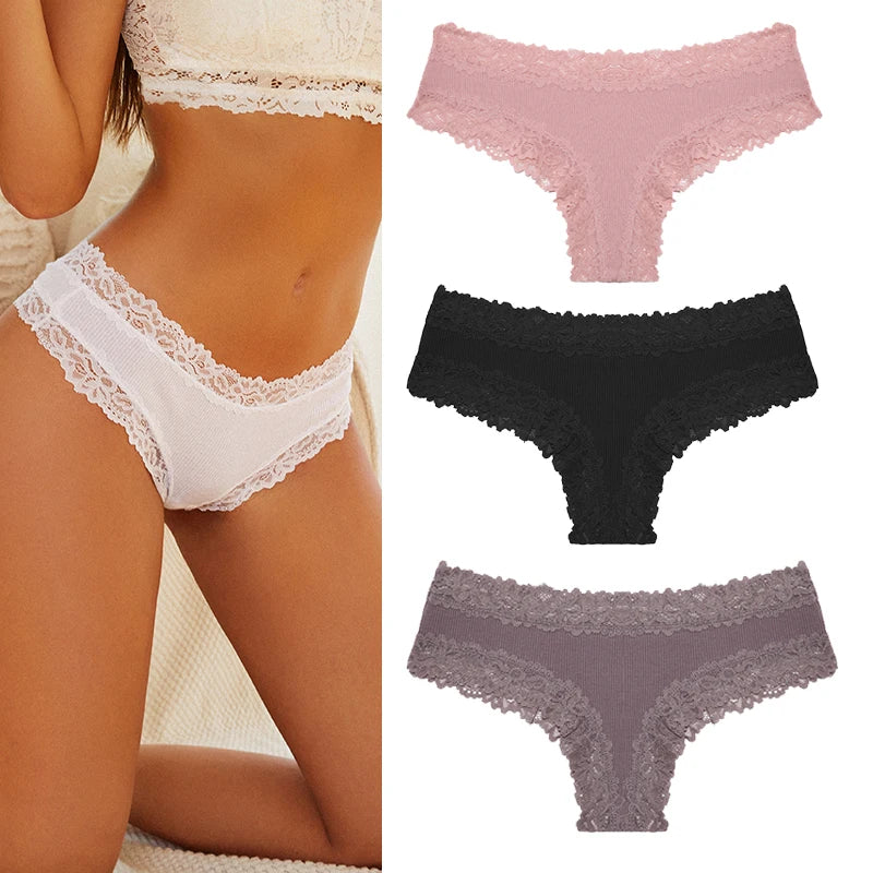 Women's Cotton Lace Briefs – 3-Piece Set | Soft Low-Rise Stretch Underwear (S–XL)