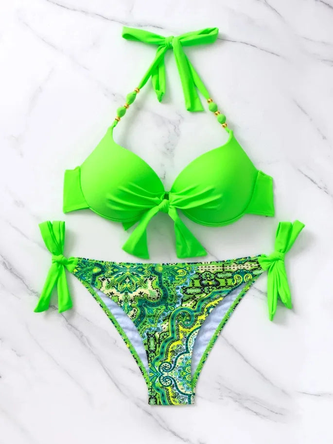 Push-Up Halter Bikini Set — Bow-Tie Top & Printed Side-Tie Bottoms | Women's Swimwear