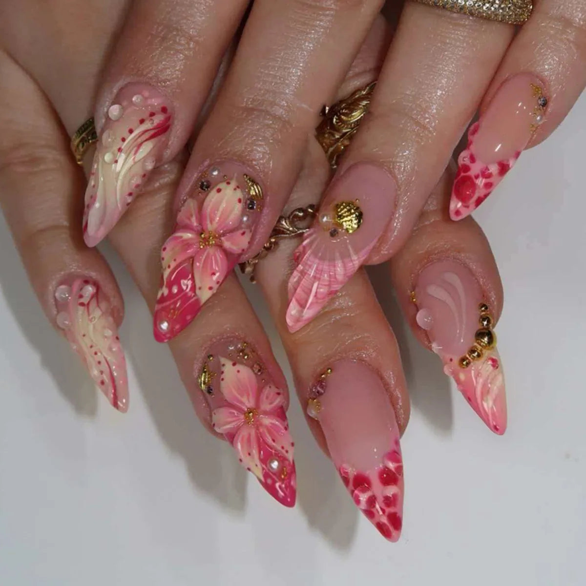Almond Press-On Nails - 3D Floral, Butterfly & French Tip, 24 Pieces