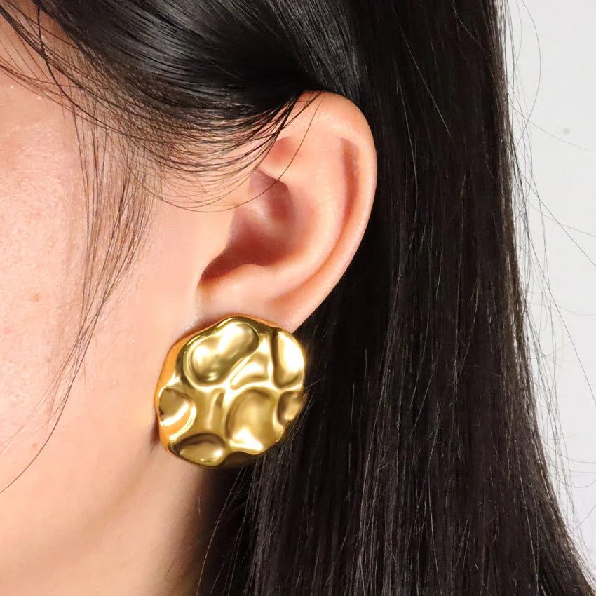 Round Stud Earrings – 18K Gold-Plated Geometric Stainless Steel Piercing Earrings for Women
