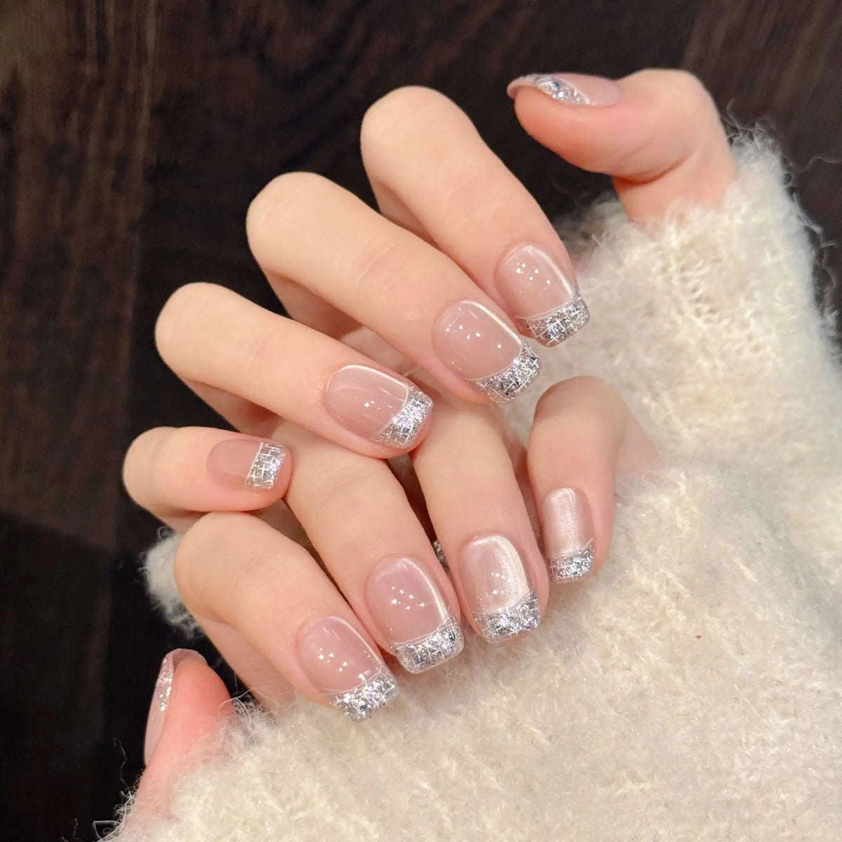 Handmade Coffin Press-On Nails with Glue - Nude French & Gradient, 10 Pieces