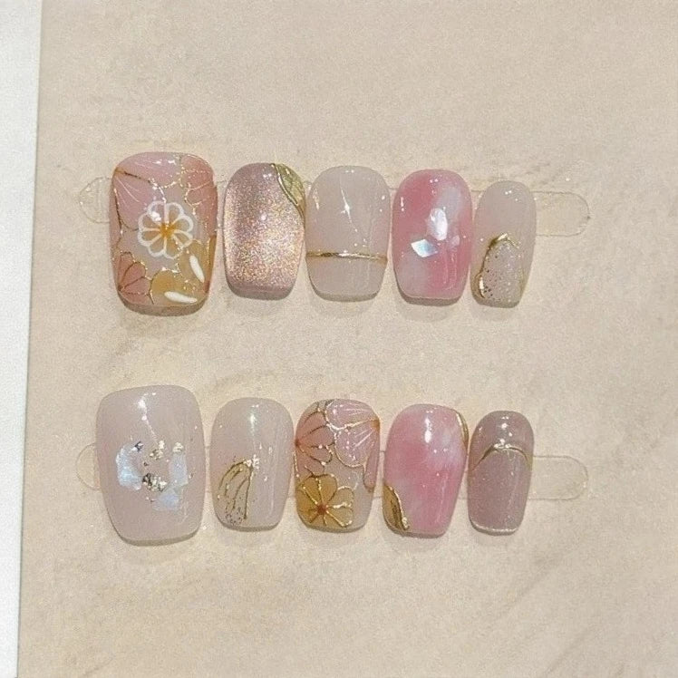 Handmade Short Square Press-On Nails - Floral & Cat Eye, 10-Piece Kit