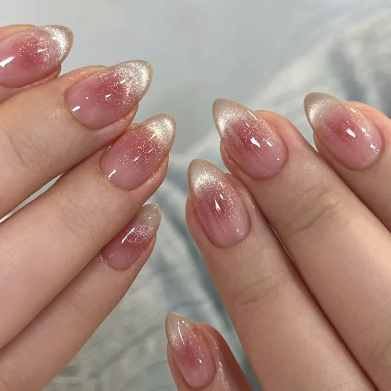 Short Almond Cat Eye Press-On Nails - Glossy Glitter, 24-Piece Set