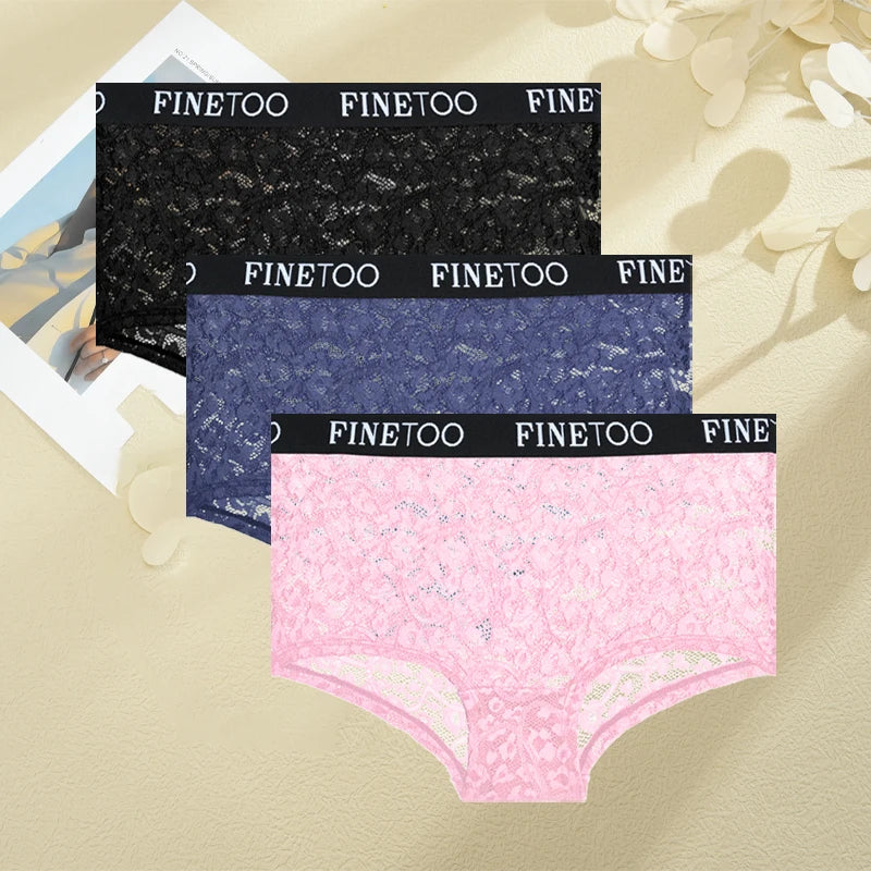 FINETOO 3Pcs Lace Hollow Out Boyshorts Underwear Women's Elastic Belt Panties Sexy Transparent Floral Briefs Breathable Lingerie