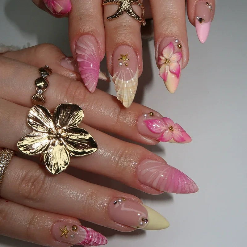 Almond Press-On Nails - 3D Floral, Butterfly & French Tip, 24 Pieces