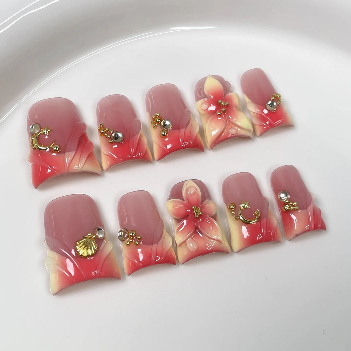 Handmade Duck Tip Press-On Nails - Ocean-Inspired 3D Floral, 10 Pieces