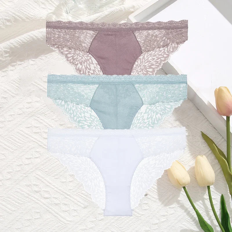 3-Pack Seamless Lace Hollow-Out Brief Panties – Soft Breathable Low-Rise Underwear for Women (S–XL, 20 Color Sets)