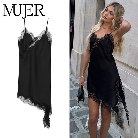 Lace-Trim Satin Slip Dress — Backless Asymmetric V-Neck | Women's Sexy Party Dress