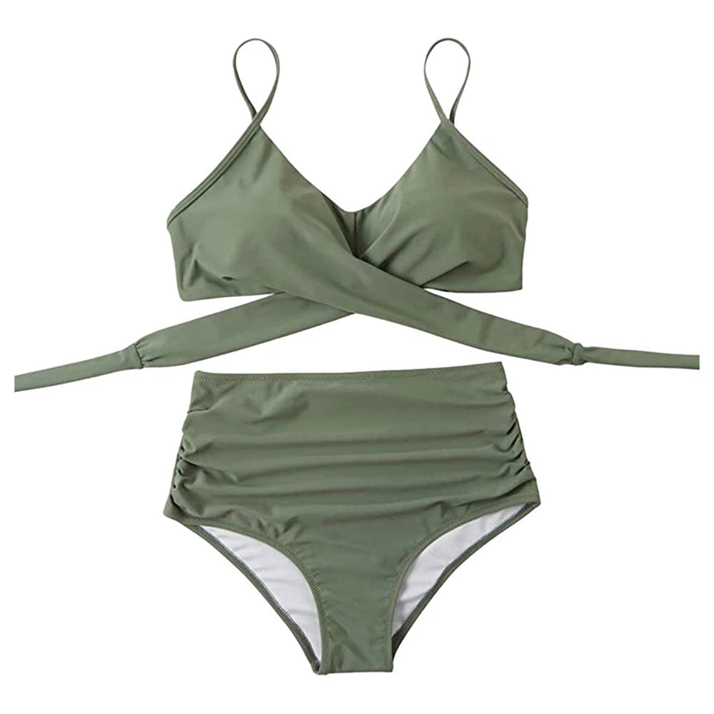 High Waist Bikini Set — Cross Front Top & Ruched Bottoms | Women's Swimwear