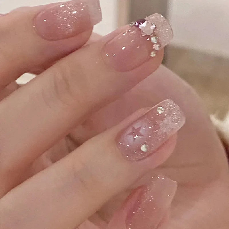 Galaxy Glitter Press-On Nails – Star & Cat-Eye Designs, 24 Pieces