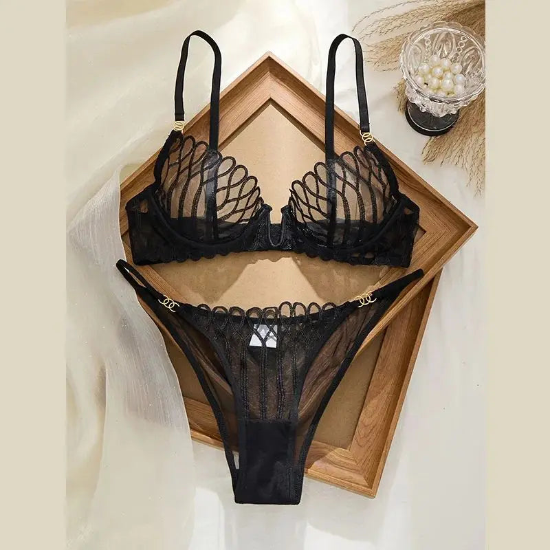 French Sheer Mesh Geometric Bra & Brief Set — V-Neck Plunge Gold Ring Detail | Women's Luxury Lingerie