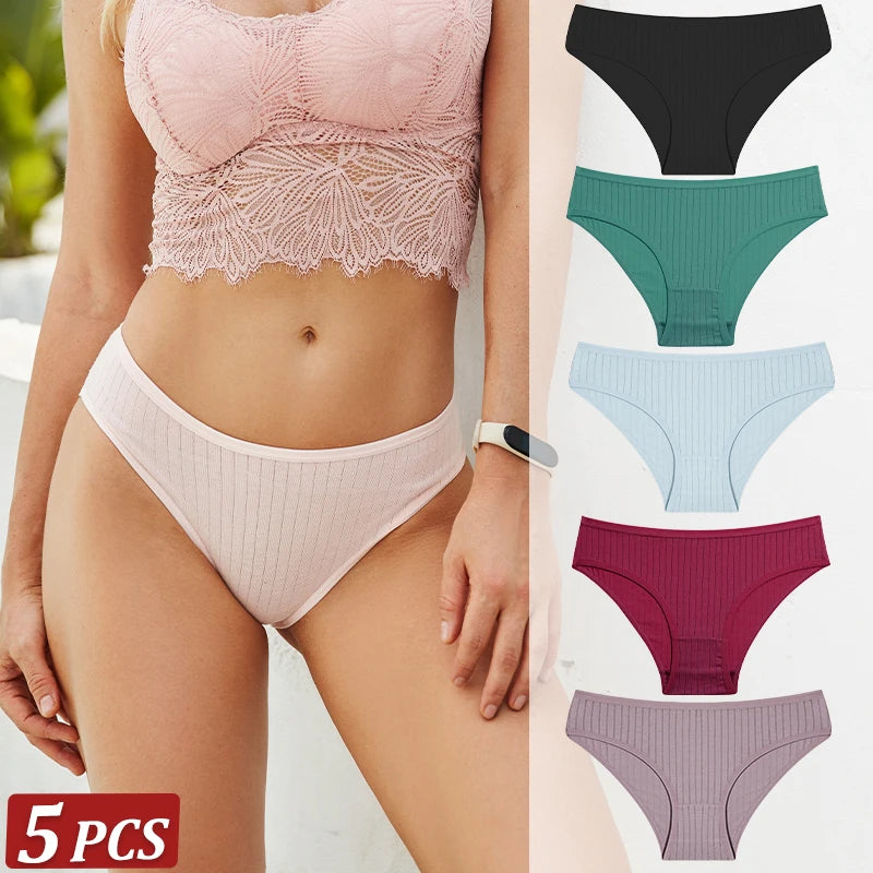 5-Pack Cotton Striped & Solid Brief Panties – Breathable Low-Rise Underwear for Women (M–XL, 12 Color Sets)