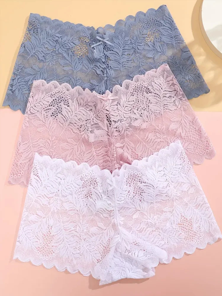 3-Pack Ice Silk Lace Boyshort Briefs – Seamless Low-Rise Underwear for Women (S–XL, 6 Color Sets)