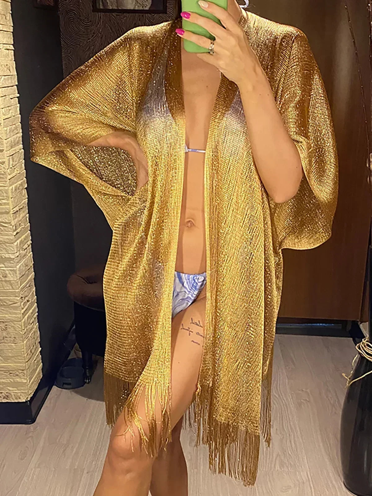 Metallic Tassel Trim Beach Cover-Up — Sheer Kimono | Women's Swimwear