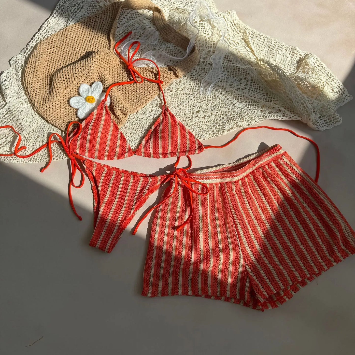 Striped Halter Triangle Bikini Set — 3-Piece with Mini Skirt Cover-Up | Women's Swimwear
