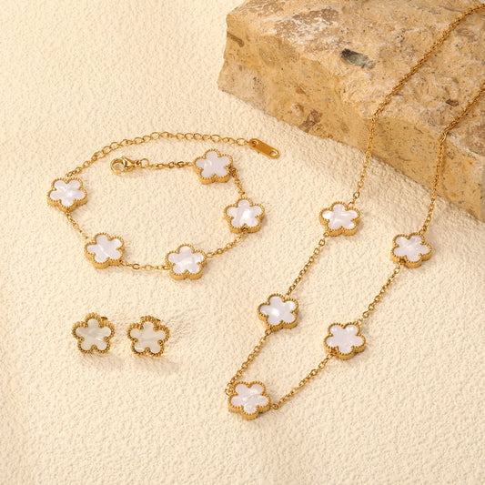Flower Necklace & Earrings Jewelry Set – Stainless Steel White Shell Clover Bracelet