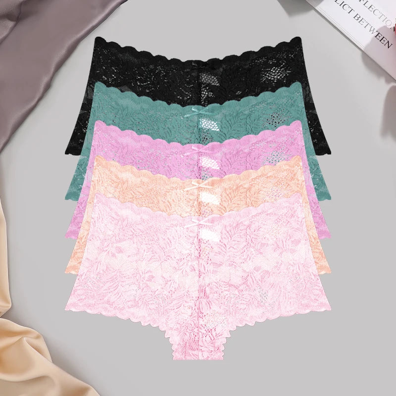 5-Pack Lace Floral Boyshorts — Low-Rise Hollow Out Panties