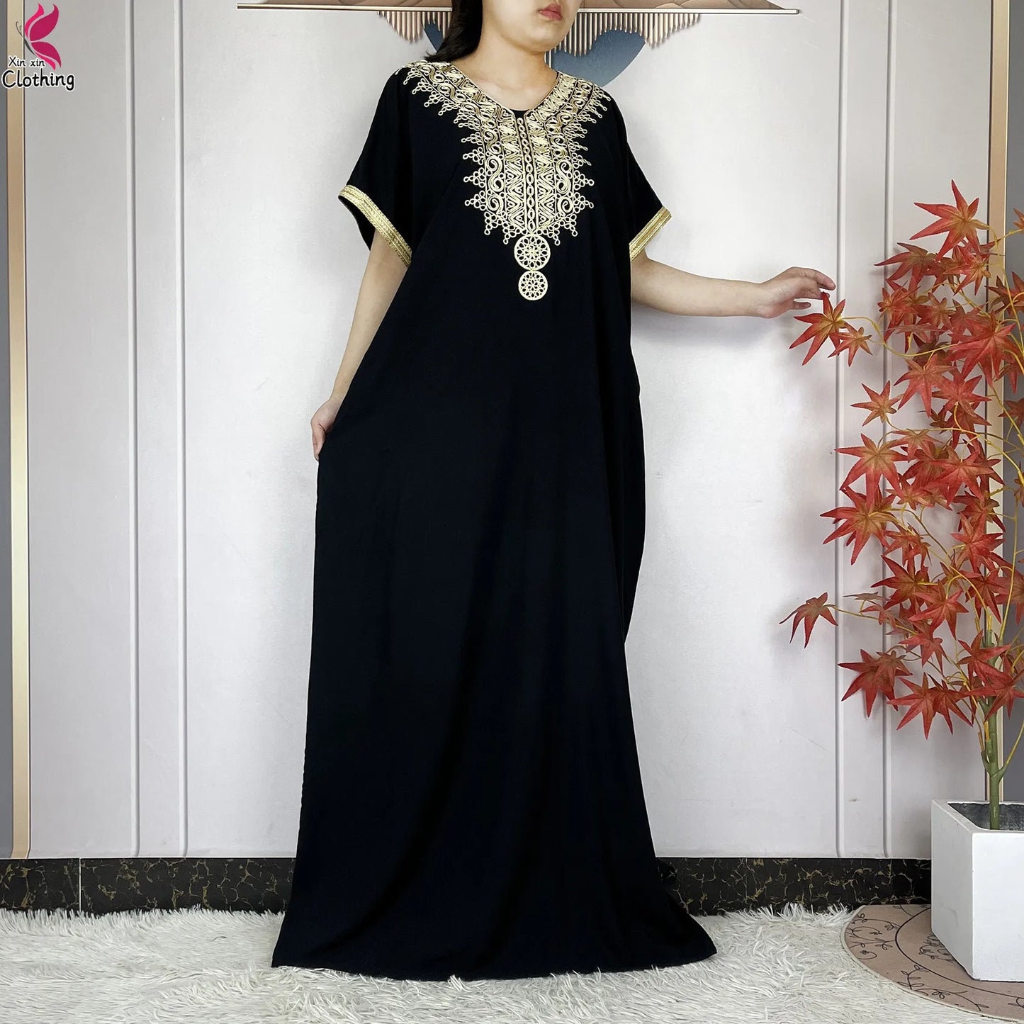 2026 New Summer Short Sleeve African Abaya Cotton Pure Color Embroidery Loose Woman Maxi Islam Tradition Dresses With Headscarf