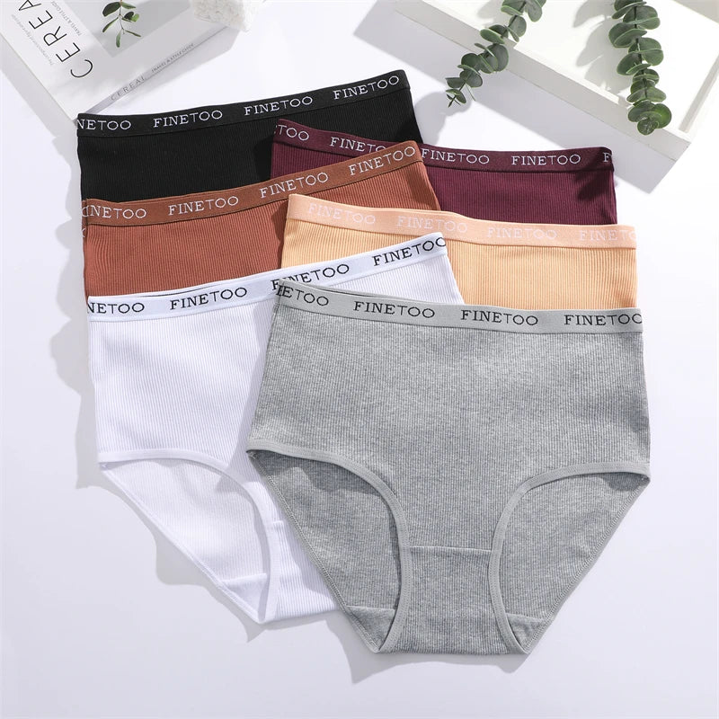 4Pcs/Set Women's Ribbed Striped Cotton Briefs Plus Size Panties Lady High Waist Breathable Underwear Solid Lingerie Shorts S-XXL