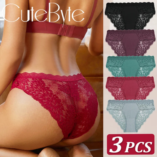 3-Pack Seamless Lace Hollow-Out Brief Panties – Soft Breathable Low-Rise Underwear for Women (S–XL, 20 Color Sets)