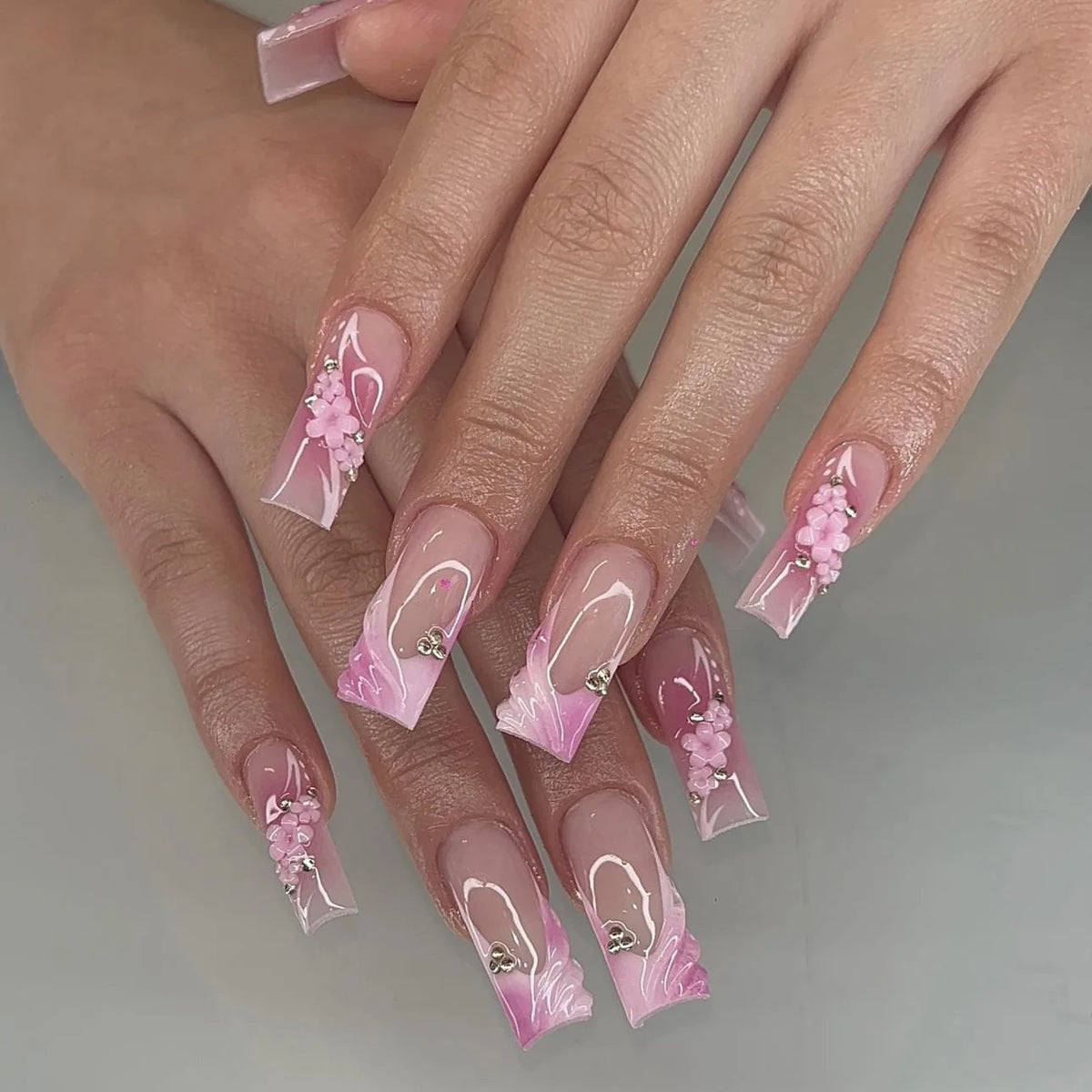 Medium Square Press-On Nails with Adhesive - Blush Pink Floral & French, 24 Pieces