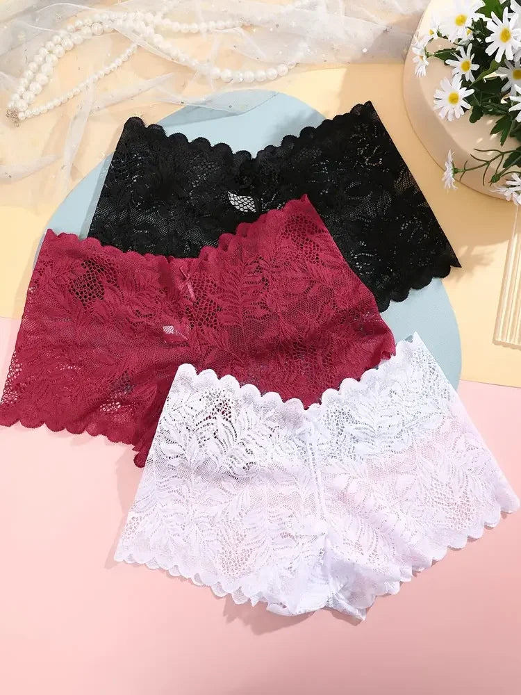 3-Pack Ice Silk Lace Boyshort Briefs – Seamless Low-Rise Underwear for Women (S–XL, 6 Color Sets)