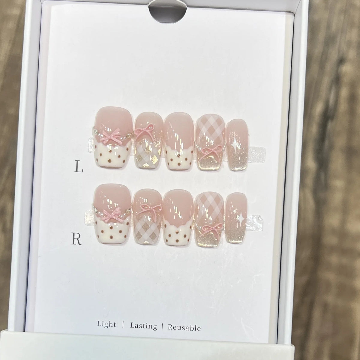 Pink Cat-Eye Press-On Nails – Medium Ballerina Bow Designs, 10 Pieces