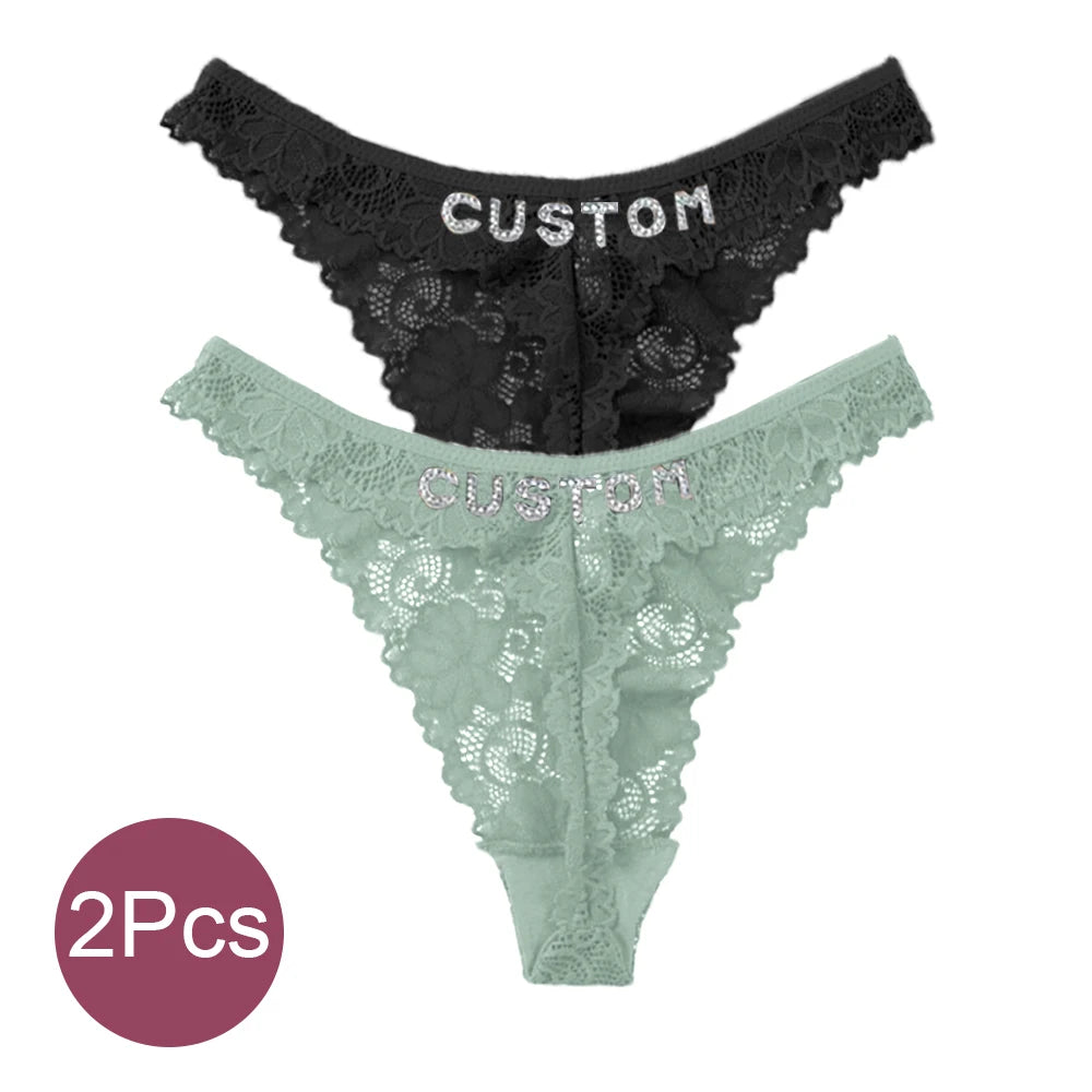 Custom Name Crystal Letter Thong | Dual-Color Lace G-String | Personalized Hotwife Gift