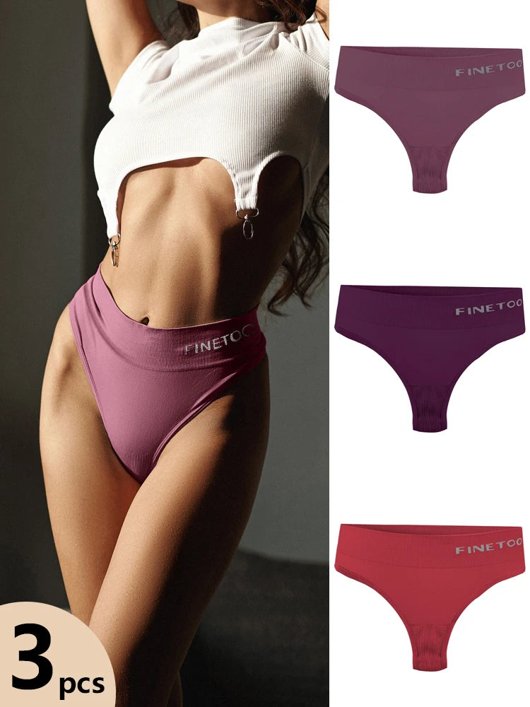 FINETOO 3pcs Women's Stretchy Panties Sexy High Waist Thongs Plus Size Underwear for Female Breathable Solid Soft Lingerie M-2XL
