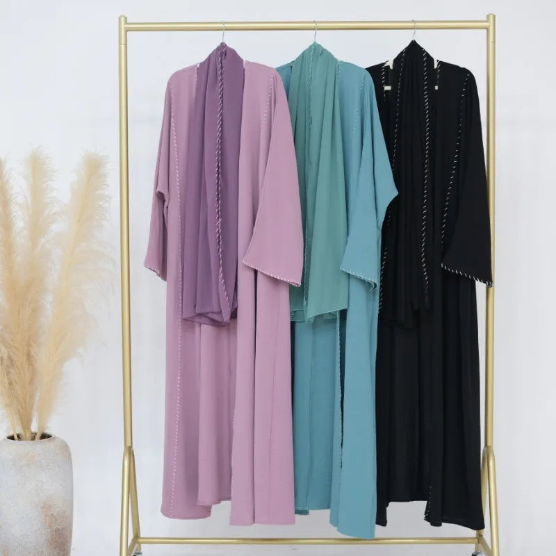 2 Piece Arabia Muslim Modest Cardigan for Women Eid Dubai Hijab Kimono Abaya Dress Luxury Islam Coat Clothing Turkish Solid Robe