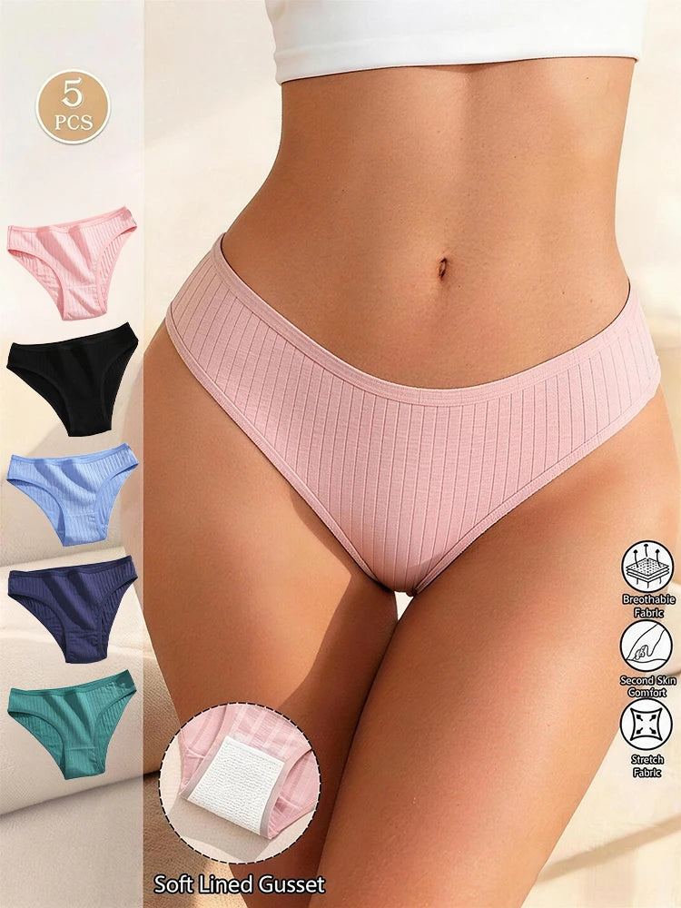 5-Pack Cotton Striped & Solid Brief Panties – Breathable Low-Rise Underwear for Women (M–XL, 12 Color Sets)