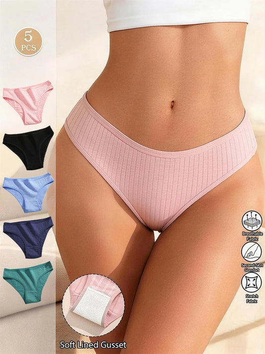 5-Pack Cotton Striped & Solid Brief Panties – Breathable Low-Rise Underwear for Women (M–XL, 12 Color Sets)
