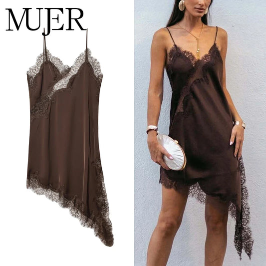 Lace-Trim Satin Slip Mini Dress — Backless Asymmetric V-Neck | Women's Summer Party Dress