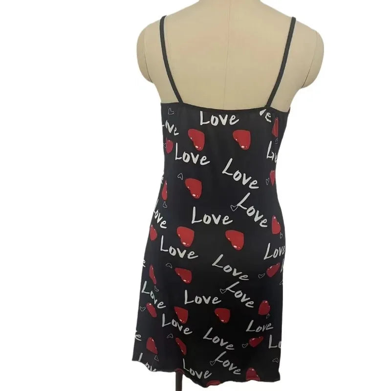 Lace-Edge V-Neck Sling Nightdress – Side-Split Cotton Sleepwear with Love Print (S–XL, 2 Colors)